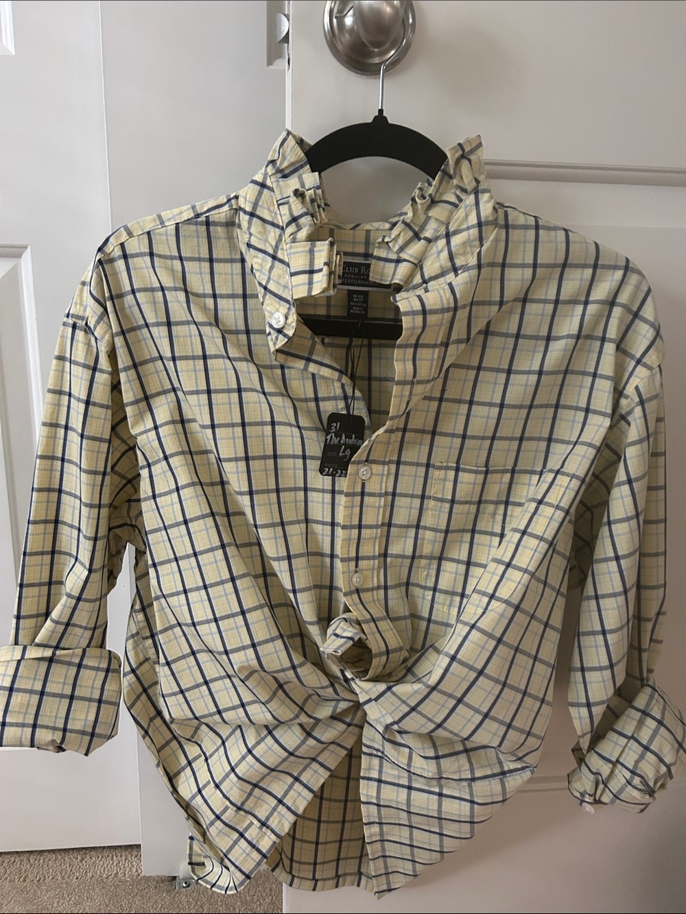 Club Room Yellow and Blue Plaid Button-Down Shirt recreated for a woman